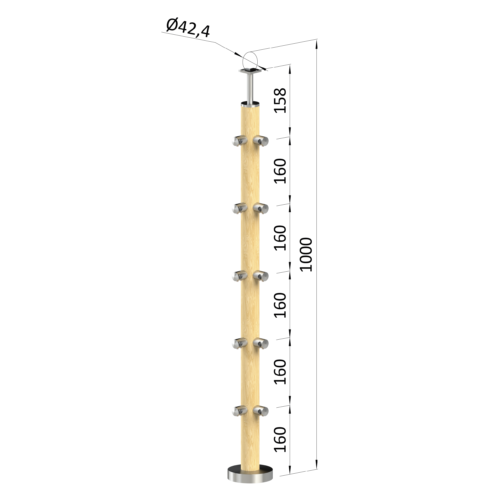 Dřevěný sloup, vrchní kotvení, 5 řadový, rohový: 90°, vrch pevný (ø 42mm), materiál: buk, broušený povrch s nátěrem BORI (bezbarvý)