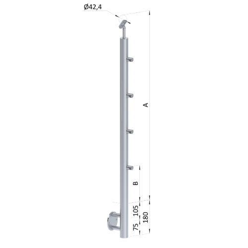 Nerezový sloup, boční kotvení, 4 řadový průchodný, venkovní, vrch nastavitelný (ø 42,4x2 mm), broušená nerez K320 / AISI316