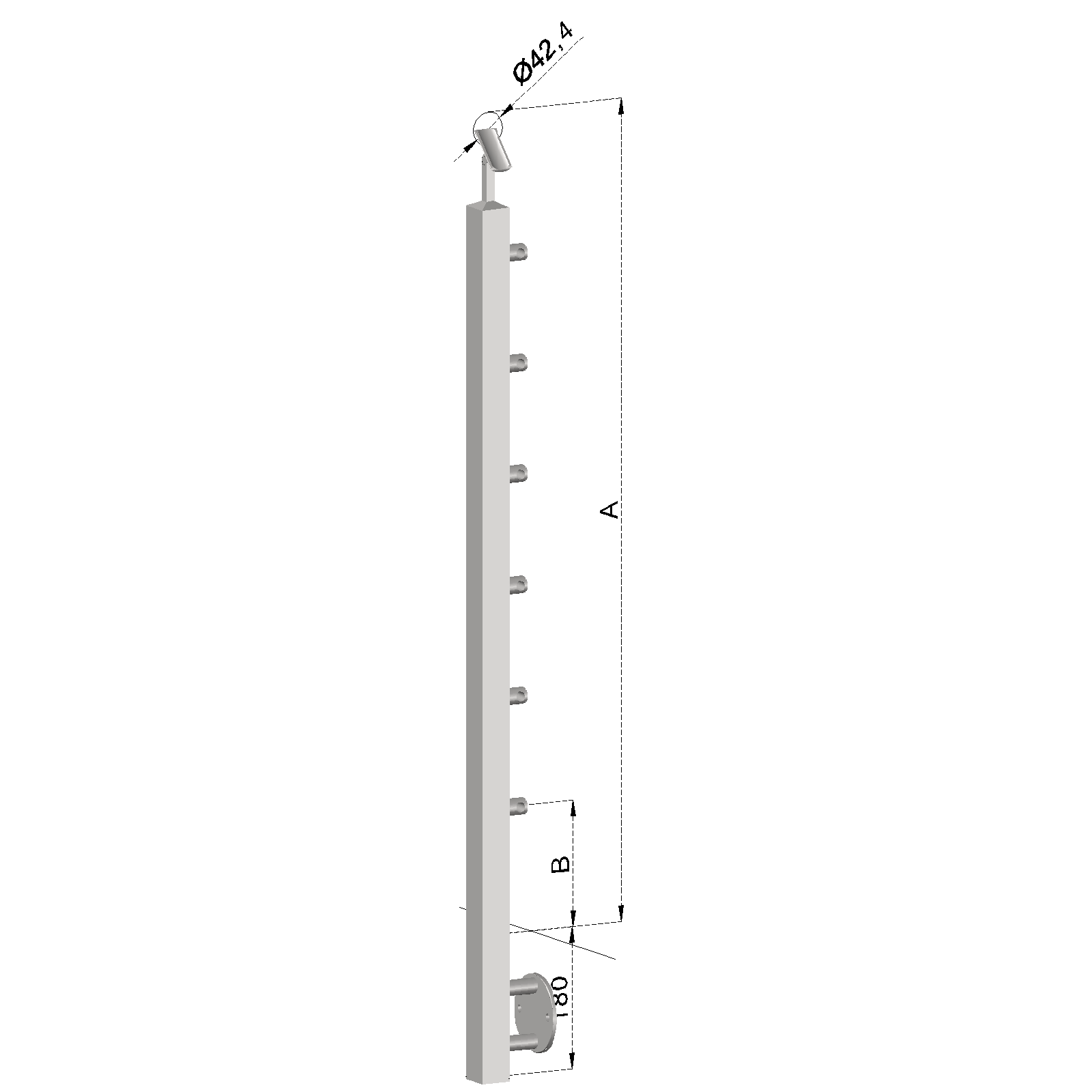 Nerezový sloup, boční kotvení, 6 řadový průchodný, vnitřní, vrch nastavitelný, (40x40 mm), broušená nerez K320 / AISI304
