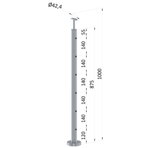 Nerezový sloup, vrchní kotvení, 6 děrový průchozí, vrch pevný (ø 42.4x2mm), broušená nerez K320 /AISI304