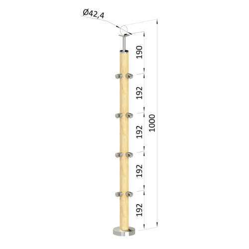 Dřevěný sloup, vrchní kotvení, 4 řadový, rohový: 90°, vrch pevný (ø 42mm), materiál: buk, broušený povrch s nátěrem BORI (bezbarvý)