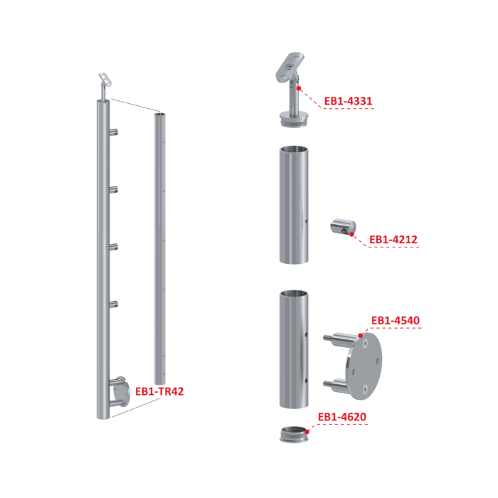 Nerezový sloup, boční kotvení, 4 řadový průchozí, vnitřní, vrch nastavitelný, (ø 42.4x2mm), broušená nerez K320 /AISI304 - Image 3