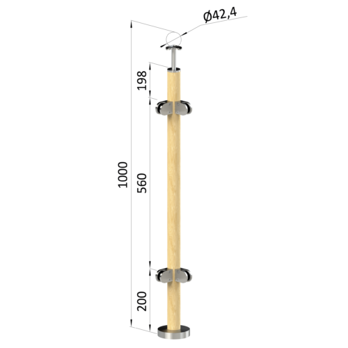Dřevěný sloup, vrchní kotvení, výplň: sklo, rohový: 90°, vrch pevný (ø 42mm), materiál: buk, broušený povrch bez nátěru