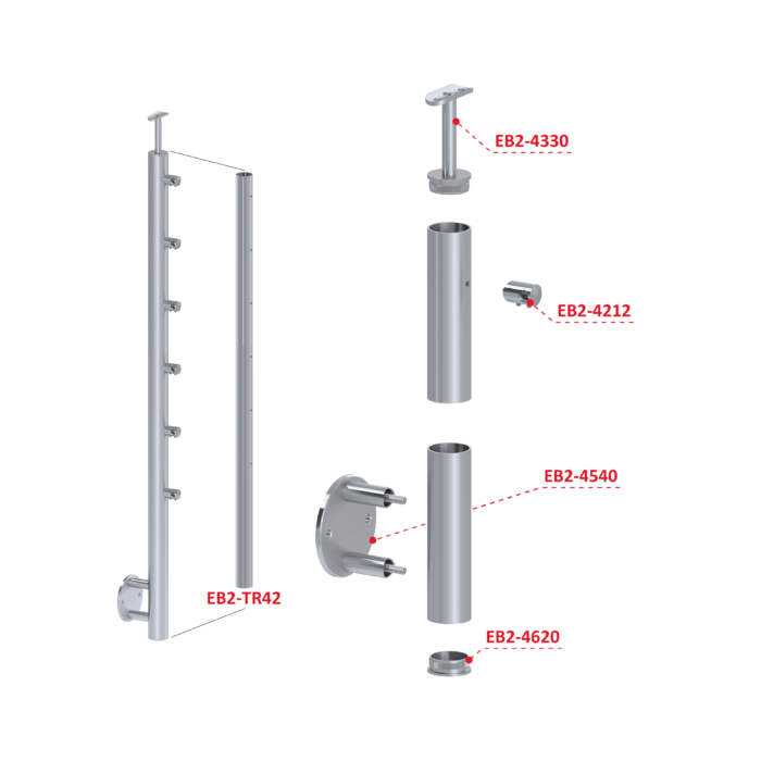 Nerezový sloup, boční kotvení, 6 řadový průchodný, venkovní, vrch pevný (ø42,4x2 mm), broušená nerez K320 / AISI316 - Image 3