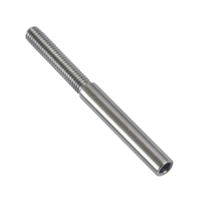 Úchyt (lepící) pro ocelové lanko ø 4 mm s vnějším pravotočivým závitem M6 x 30 mm, (ø 7 mm / L: 70 mm), broušená nerez K320 / AISI304, použít lepidlo MD-GEL454/20