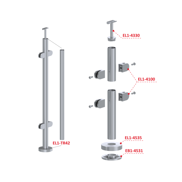 Nerezový sloup, vrchní kotvení, výplň: sklo, průchozí, vrch pevný (ø 42,4x2 mm), leštěná nerez / AISI304 - Image 4