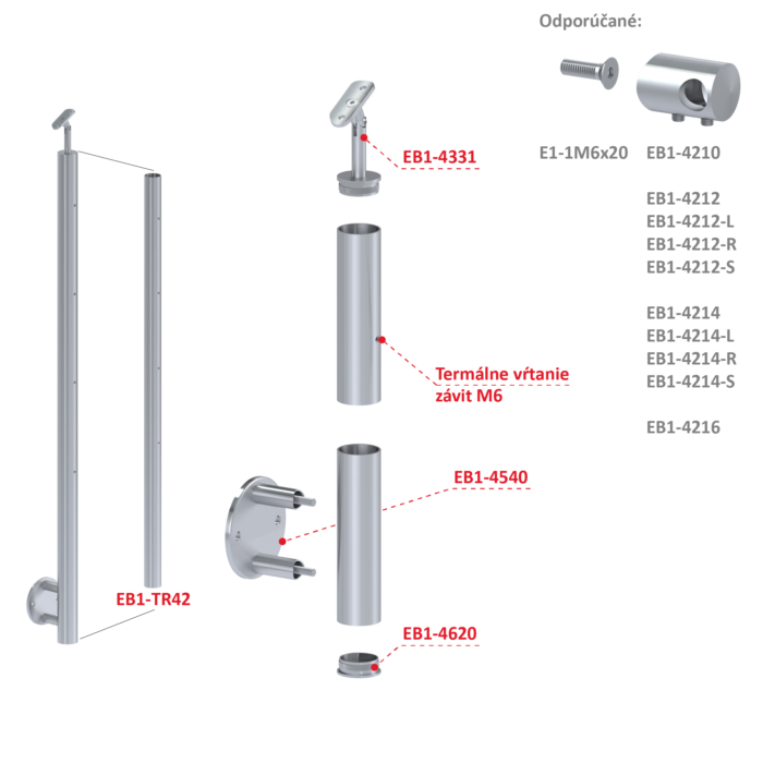 Nerezový sloup, boční kotvení, bez výplně, 4 řadový se závitem M6, vnější, vrch nastavitelný, (ø 42.4x2mm), broušená nerez K320 /AISI304 - Image 3