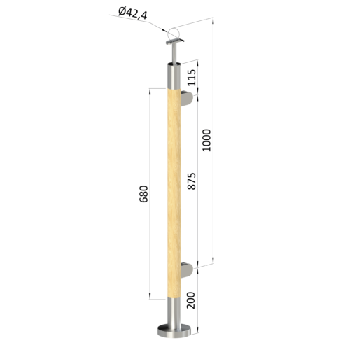 Dřevěný sloup, vrchní kotvení, výplň: sklo, pravý, vrch pevný (ø 42mm), materiál: buk, broušený povrch s nátěrem BORI (bezbarvý)