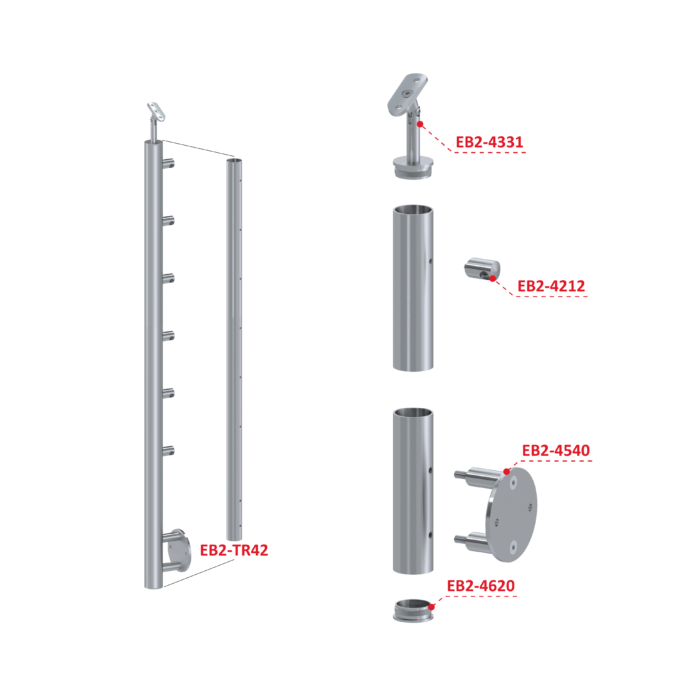 Nerezový sloup, boční kotvení, 6 řadový průchodný, vnitřní, vrch nastavitelný (ø 42,4x2 mm), broušená nerez K320 / AISI316 - Image 3