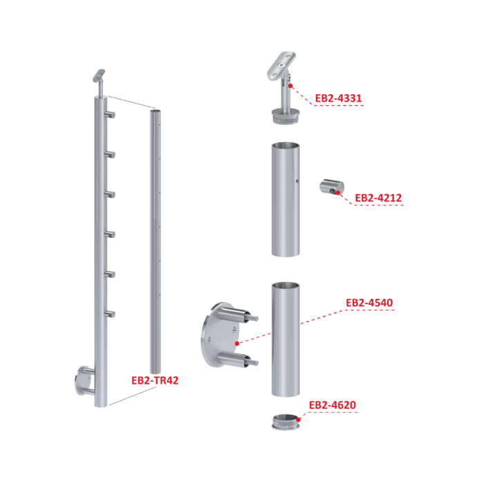 Nerezový sloup, boční kotvení, 6 řadový průchodný, venkovní, vrch nastavitelný (ø 42,4x2 mm), broušená nerez K320 / AISI316 - Image 3