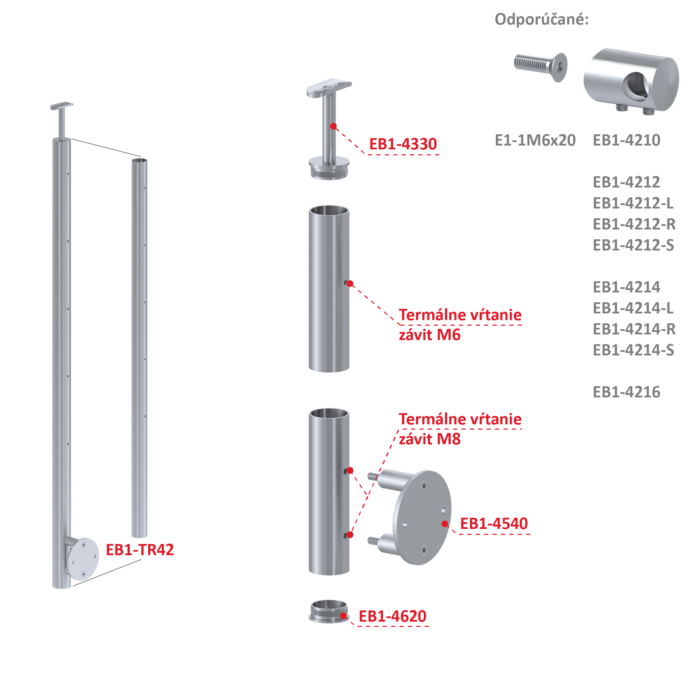 Nerezový sloup, boční kotvení, bez výplně, 5 řadový se závitem M6, vnitřní, vrch pevný, (ø 42.4x2mm), broušená nerez K320 /AISI304 - Image 3
