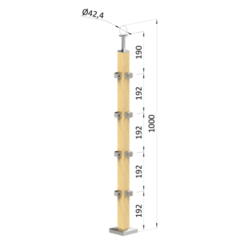 Dřevěný sloup, vrchní kotvení, 4 řadový, rohový: 90° vrch pevný (40x40 mm), materiál: buk, broušený povrch s nátěrem BORI (bezbarvý)