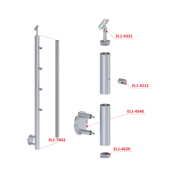 Nerezový sloup, boční kotvení, 4 řadový průchodný, venkovní, vrch nastavitelný (ø 42,4x2 mm), leštěná nerez / AISI304 - Image 3