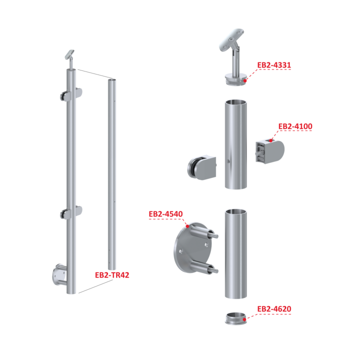 Nerezový sloup, boční kotvení, výplň: sklo, průchozí, vrch nastavitelný (ø 42,4x2 mm), broušená nerez K320 / AISI316 - Image 4