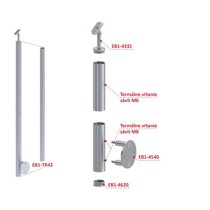 Nerezový sloup, boční kotvení, bez výplně, 5 řadový se závitem M6, vnitřní, vrch nastavitelný, (ø 42.4x2mm), broušená nerez K320 /AISI304 - Image 3
