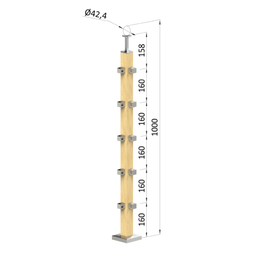 Dřevěný sloup, vrchní kotvení, 5 řadový, rohový: 90°, vrch pevný (40x40mm), materiál: buk, broušený povrch bez nátěru