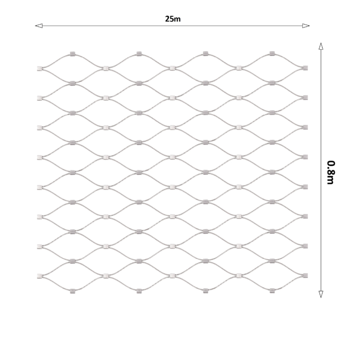 Nerezová lanková síť, 0,8x25 m (šxd), oko 60x104 mm, průměr lanka 2 mm, AISI316