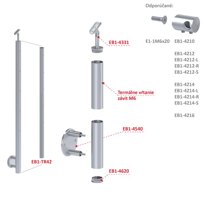 Nerezový sloup, boční kotvení, bez výplně, 5 řadový se závitem M6, vnější, vrch nastavitelný, (ø 42.4x2mm) broušená nerez K320 /AISI304 - Image 3