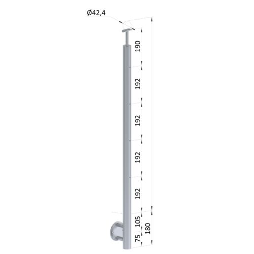 Nerezový sloup, boční kotvení, bez výplně, 4 řadový se závitem M6, vnější, vrch pevný, (ø 42.4x2mm), broušená nerez K320 /AISI304
