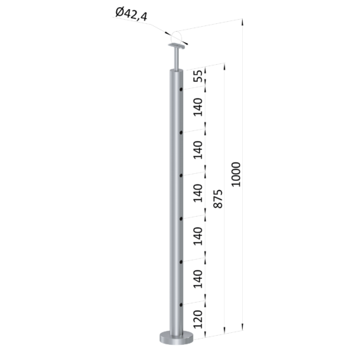 Nerezový sloup, vrchní kotvení, 6 děrový, koncový, vrch pevný (ø 42.4x2mm), broušená nerez K320 /AISI304