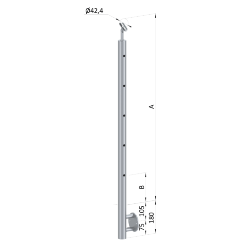 Nerezový sloup, boční kotvení, 5 děrový koncový, pravý, vrch nastavitelný (ø 42,4x2 mm), broušená nerez K320 / AISI316