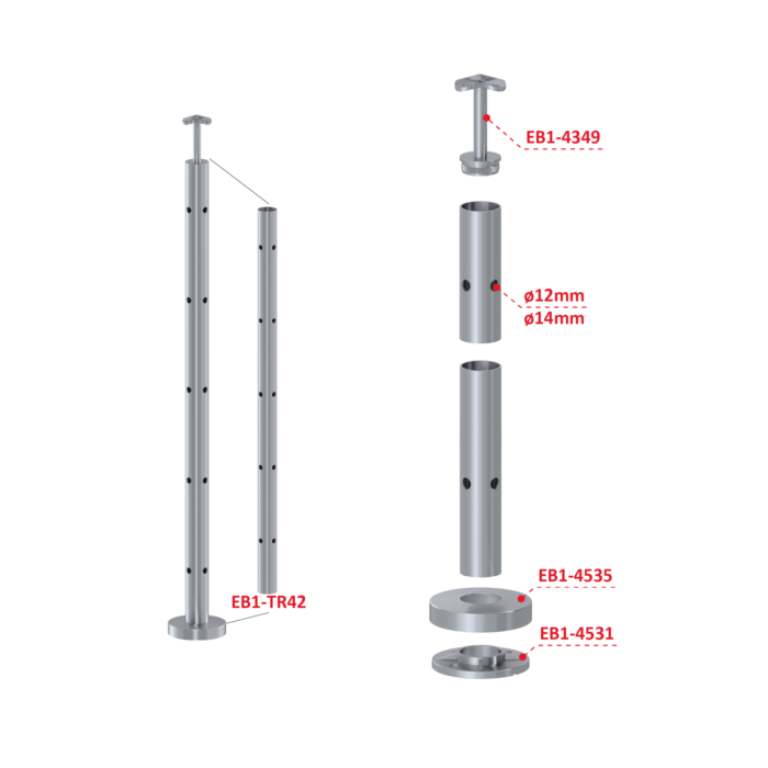 Nerezový sloup, vrchní kotvení, 5 děrový, rohový: 90°, vrch pevný (ø 42.4x2mm), broušená nerez K320 /AISI304 - Image 4