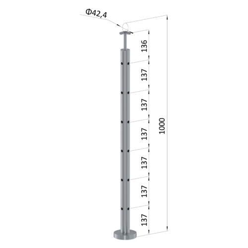 Nerezový sloup, vrchní kotvení, 6 děrový rohový: 90°, vrch pevný (ø42,4x2 mm), broušená nerez K320 / AISI316