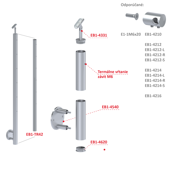 Nerezový sloup, boční kotvení, bez výplně, 6 řadový se závitem M6, vnější, vrch nastavitelný, (ø 42.4x2mm), broušená nerez K320 /AISI304 - Image 3