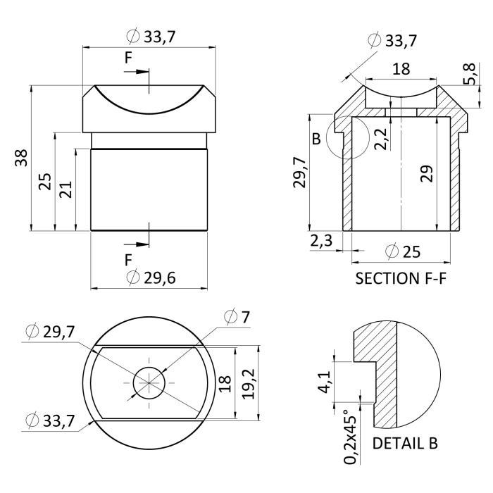 Držiak madla, na trubku ø33.7x2.0mm, na madlo  ø 33.7mm, brúsená nerez K320/AISI304 - Image 2