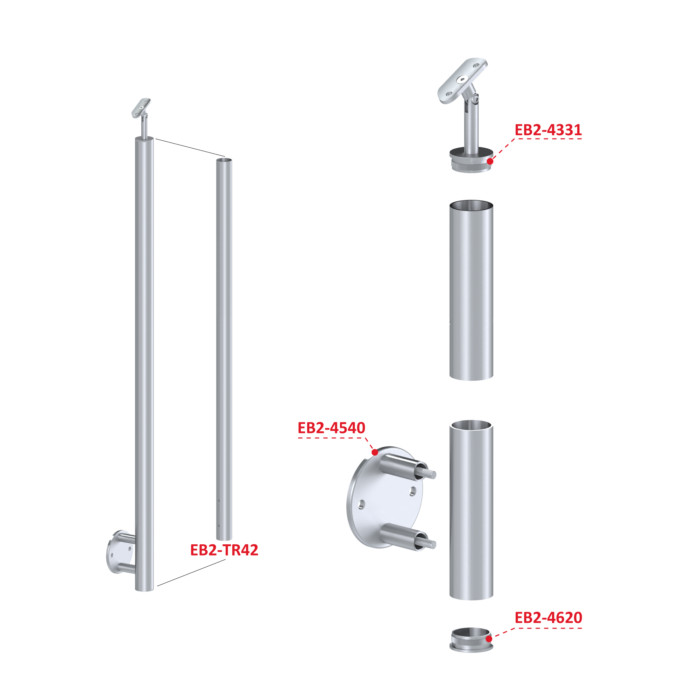 Nerezový sloup, boční kotvení, bez výplně, vrch nastavitelný (ø42.4x2 mm), broušená nerez K320 / AISI316 - Image 3