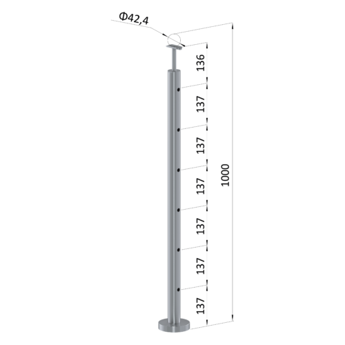 Nerezový sloup, vrchní kotvení, 6 děrový průchodný, vrch pevný (ø42,4x2 mm), broušená nerez K320 / AISI316