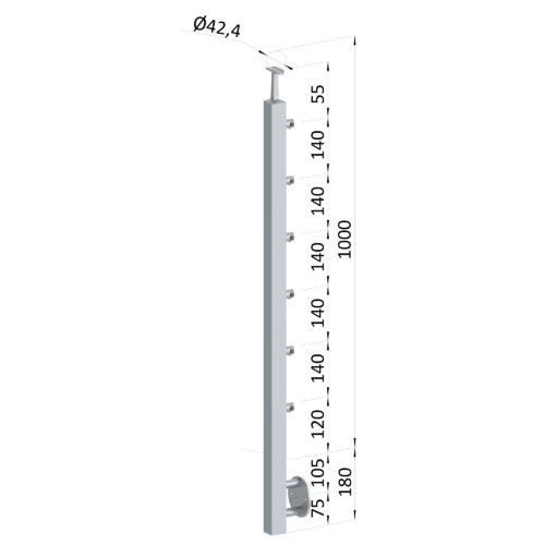Nerezový sloup, boční kotvení, 6 řadový průchozí, vnitřní, vrch pevný (40x40mm), broušená nerez K320 /AISI304