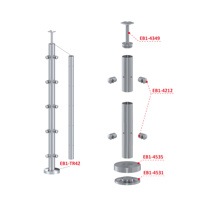 Nerezový sloup, vrchní kotvení, 5 řadový, rohový: 90°, vrch pevný (ø42,4x2 mm), broušená nerez K320 / AISI304 - Image 2