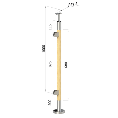 Dřevěný sloup, vrchní kotvení, výplň: sklo, levý, vrch pevný (ø 42mm), materiál: buk, broušený povrch s nátěrem BORI (bezbarvý)