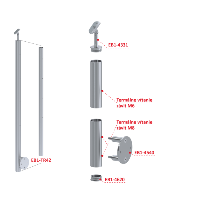 Nerezový sloup, boční kotvení, bez výplně, 4 řadový se závitem M6, vnitřní, vrch nastavitelný, (ø 42.4x2mm), broušená nerez K320 /AISI304 - Image 3