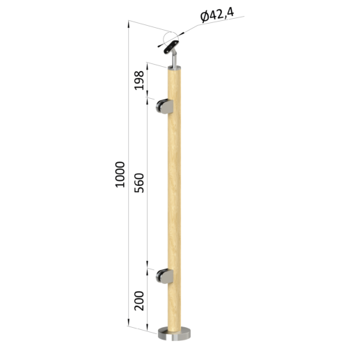 Dřevěný sloup, vrchní kotvenie, výplň: sklo, levý, vrch nastavitelný (ø42 mm), materiál: buk, broušený povrch bez nátěru