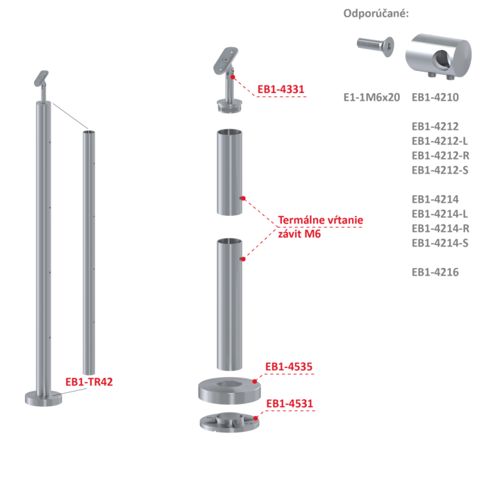 Nerezový sloup, vrchní kotvení, bez výplně, 4 řadový se závitem M6, vrch nastavitelný (ø 42.4x2mm), broušená nerez K320 /AISI304 - Image 4