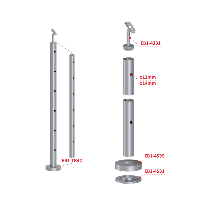 Nerezový sloup, vrchní kotvení, 6 děrový, koncový, vrch nastavitelný (ø 42,4x2 mm), broušená nerez K320 / AISI304 - Image 3