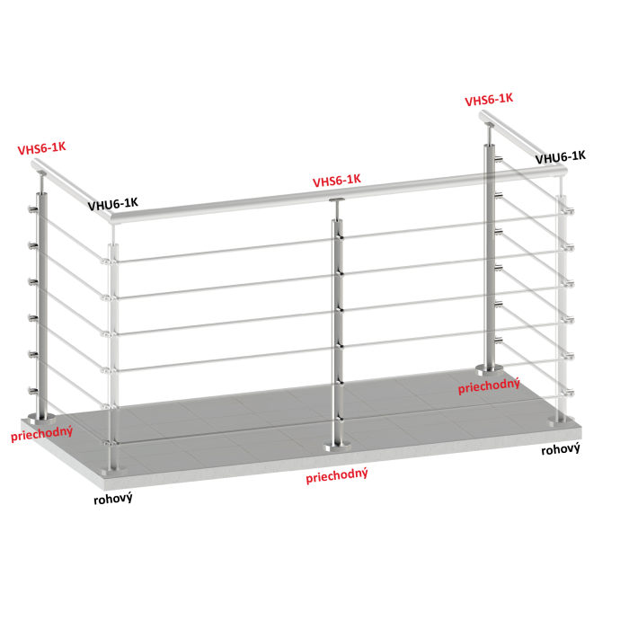 Nerezový sloup, vrchní kotvení, 6 řadový, průchozí, vrch pevný (ø 42.4x2mm), broušená nerez K320 /AISI304 - Image 4
