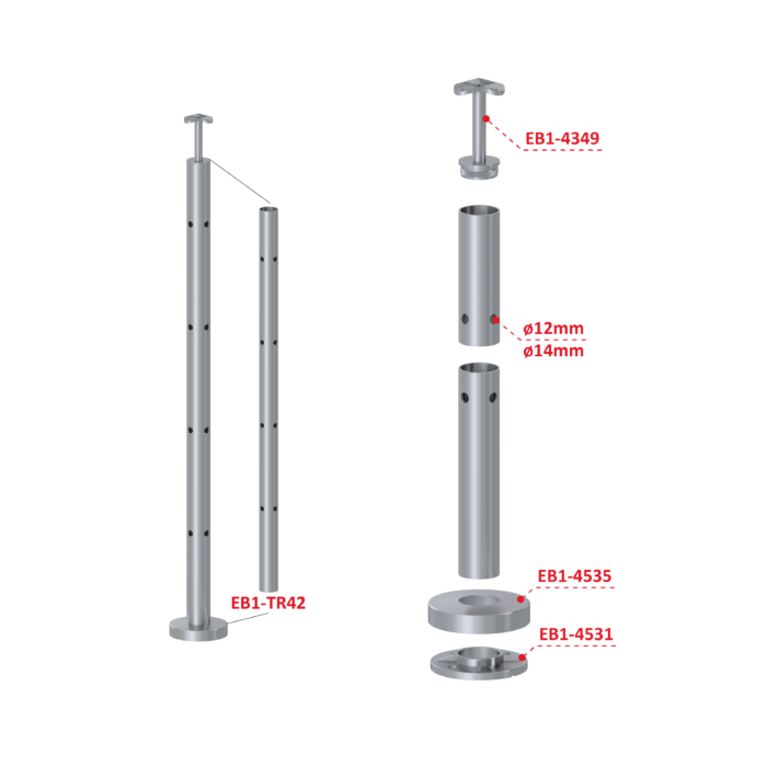 Nerezový sloup, vrchní kotvení, 4 děrový, rohový: 90°, vrch pevný, (ø42,4x2 mm), broušená nerez K320 / AISI304 - Image 3