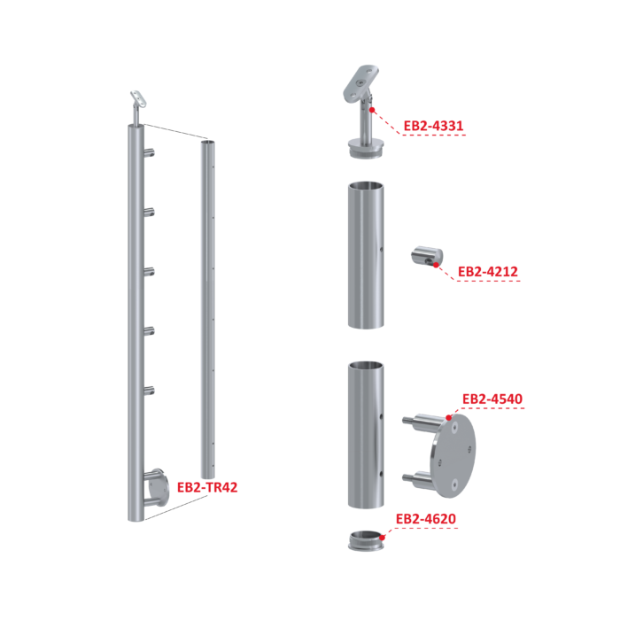 Nerezový sloup, boční kotvení, 5 řadový průchodný, vnitřní, vrch nastavitelný (ø 42,4x2 mm), broušená nerez K320 / AISI316 - Image 3