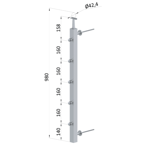 Nerezový sloup na francouzský balkón, boční kotvení, 5 řadový, pravý, vrch pevný, (40x40x2.0 mm), broušená nerez K320 /AISI304