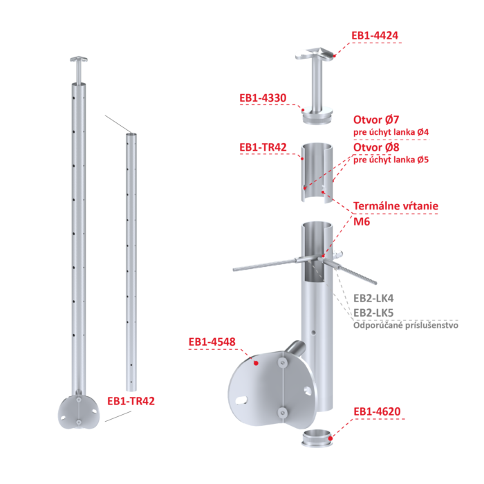 Nerezový sloup, boční kotvení rohové, 8 děrový na lanko, rohový: 90°, vrch pevný (ø 42.4x2mm), broušená nerez K320 /AISI304 - Image 3