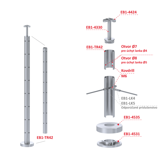 Nerezový sloup, vrchní kotvení, 8 děrový na lanko, rohový: 90°, vrch pevný (ø 42.4x2mm), broušená nerez K320 /AISI304 - Image 2