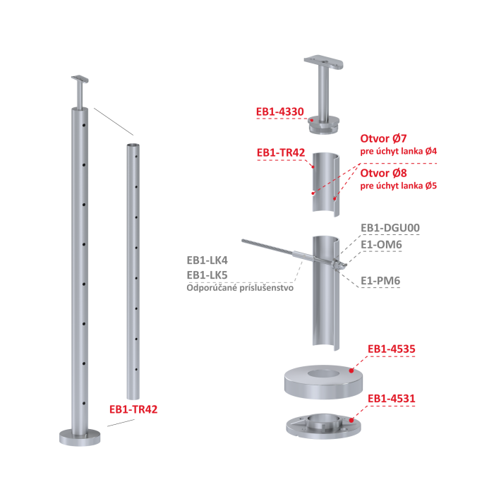 Nerezový sloup, vrchní kotvení, 8 děrový na lanko, koncový, vrch pevný (ø 42.4x2mm), broušená nerez K320 /AISI304 - Image 3