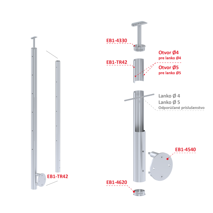 Nerezový sloup, boční kotvení, 6 děrový průchozí na lanko, vrch pevný (ø 42.4x2mm), broušená nerez K320 /AISI304 - Image 3