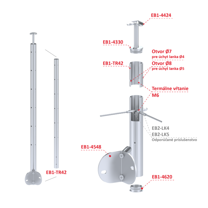Nerezový sloup, boční kotvení rohové, 6 děrový na lanko, rohový: 90°, vrch pevný (ø 42.4x2mm), broušená nerez K320 /AISI304 - Image 3