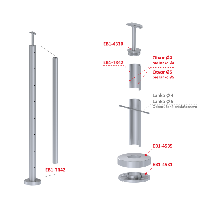 Nerezový sloup, vrchní kotvení, 8 děrový na lanko, průchozí, vrch pevný (ø 42.4x2mm), broušená nerez K320 /AISI304 - Image 4