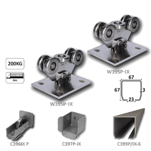 Nerezový samonosný systém 67x67x3 mm pro posuvné brány do 200 kg / 4 m průjezd (C399P-IX 1x6 m nerezový profil, W395P-IX 2 ks, C397P-IX 1 ks, C396P-IX 1 ks)