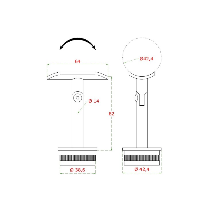 Držák madla, narážecí s kloubem na ø42.4mm, AISI316 - Obrázek 2